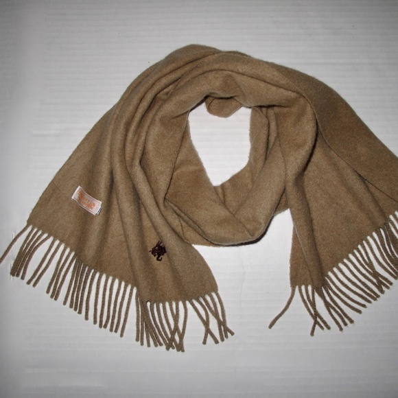 BURBERRYS London Solid Tan Camel Pure Cashmere Scarf with Horse Embroidery E03 - Picture 2 of 5